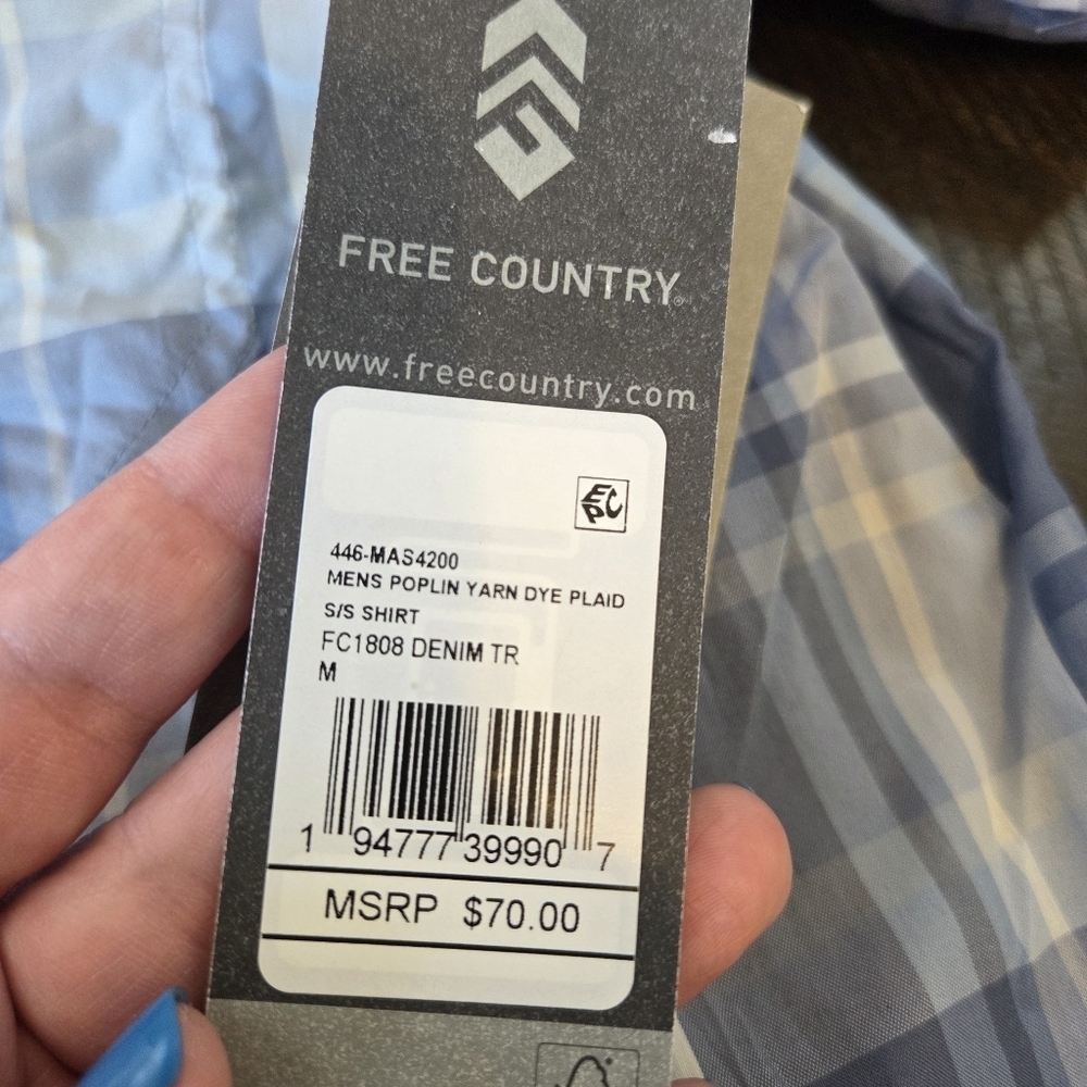 Men's Free Country Blue Plaid Short Sleeve Button-Down Shirt, Medium New Outdoor - Picture 3 of 10